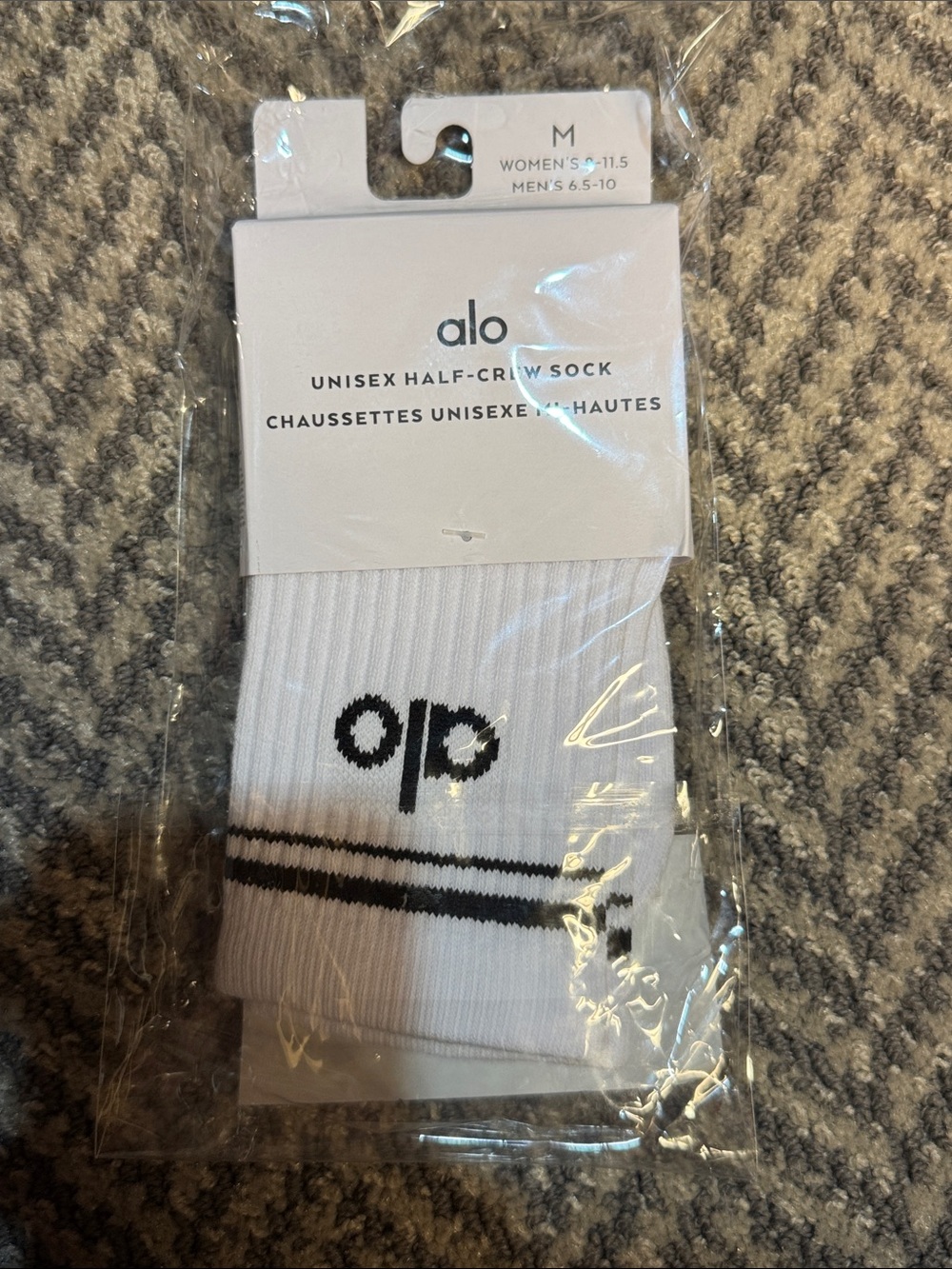 ALO Yoga White Half-Crew Athletic Socks with Black Stripes and Logo